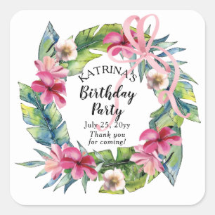 Tropische bladeren   Pink Floral Birthday Party Vierkante Sticker