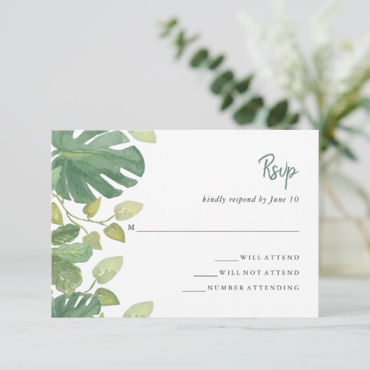 Tropische bladeren | Reactie op groene en witte br RSVP Kaartje (Staand voorkant)