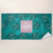 Tropische bladeren roos goud moderne monogram naam strandlaken (Voorkant)