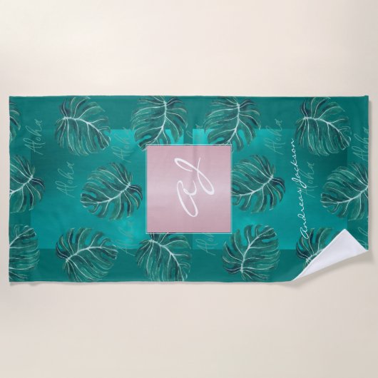 Tropische bladeren roos goud moderne monogram naam strandlaken (Voorkant)