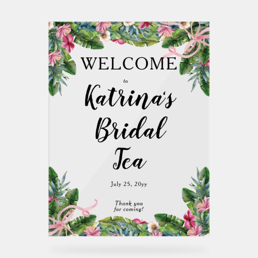 Tropische Bladeren | Roze Bloemige Bruids Tea Show Acryl Bord (Voorkant)