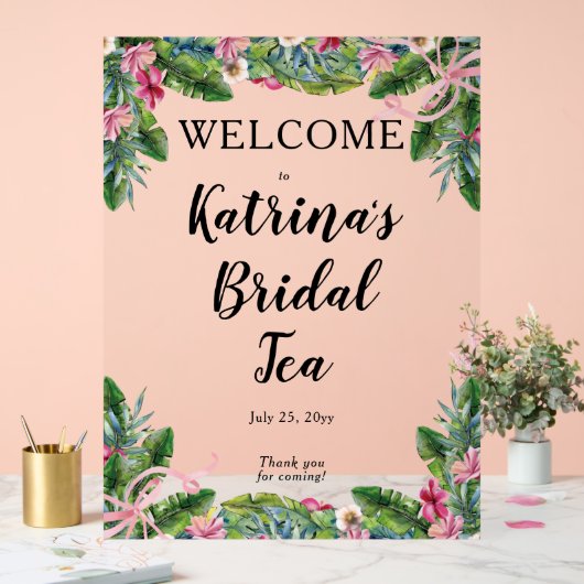 Tropische Bladeren | Roze Bloemige Bruids Tea Show Acryl Bord (Huwelijk)