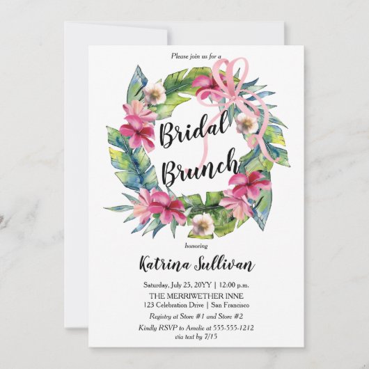tropische bladeren | Roze Bow Bloemen Bruids Brunc Kaart (Voorkant)