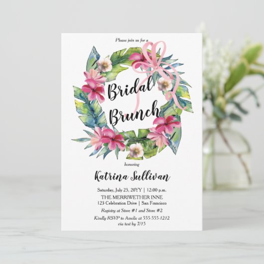 tropische bladeren | Roze Bow Bloemen Bruids Brunc Kaart (Staand voorkant)