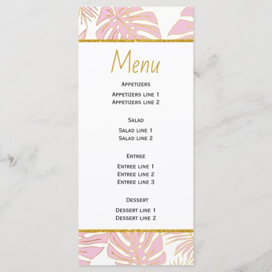 Tropische bladeren roze en goud bruiloft menukaart