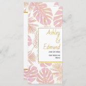 Tropische bladeren roze en goud bruiloft menukaart (Voorkant / Achterkant)