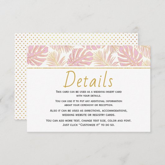 Tropische bladeren roze en gouden bruidsenbroekkaa informatiekaartje (Voorkant / Achterkant)
