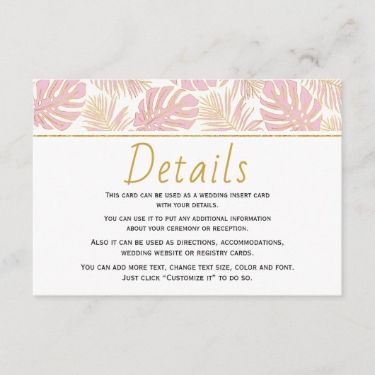 Tropische bladeren roze en gouden bruidsenbroekkaa informatiekaartje (Voorkant)