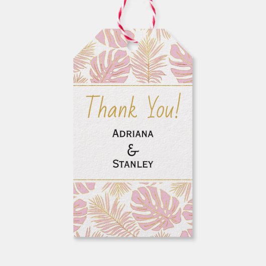 Tropische bladeren roze en gouden bruiloft Dank je Cadeaulabel (Achterkant)