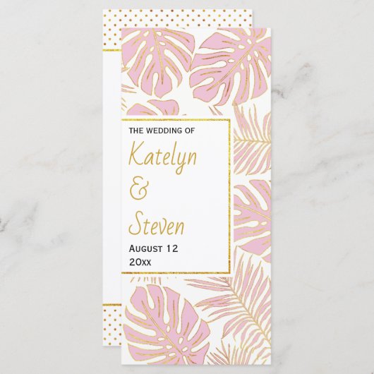 Tropische bladeren roze en gouden bruiloft program programmakaart (Voorkant / Achterkant)