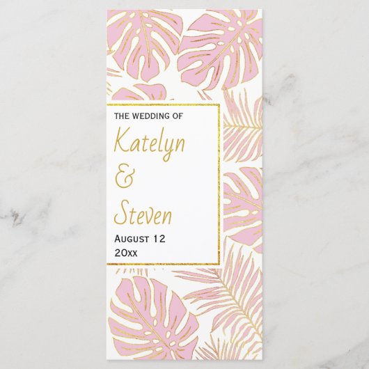 Tropische bladeren roze en gouden bruiloft program programmakaart (Voorkant)