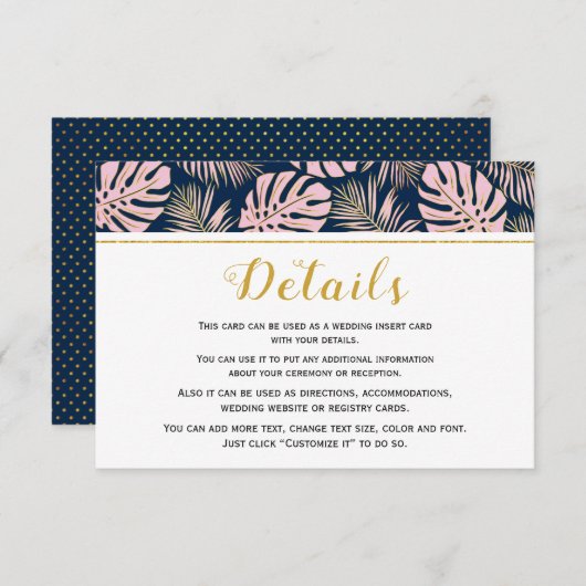 Tropische bladeren roze en marineblauw bruiloft informatiekaartje (Voorkant / Achterkant)