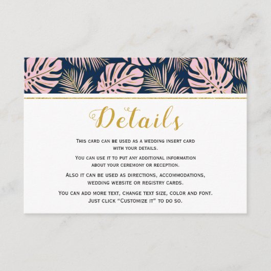 Tropische bladeren roze en marineblauwe bruiloft informatiekaartje (Voorkant)