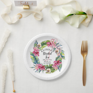 Tropische bladeren   Roze Floral Bridal Tea Shower Papieren Bordje