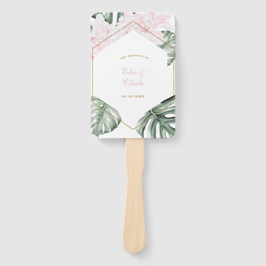 Tropische bladeren Roze Floral Gold Weddenschap Ha Handwaaier (Voorkant)