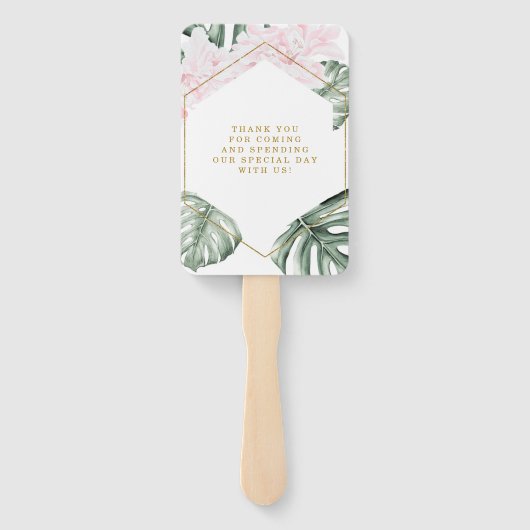 Tropische bladeren Roze Floral Gold Weddenschap Ha Handwaaier (Achterkant)
