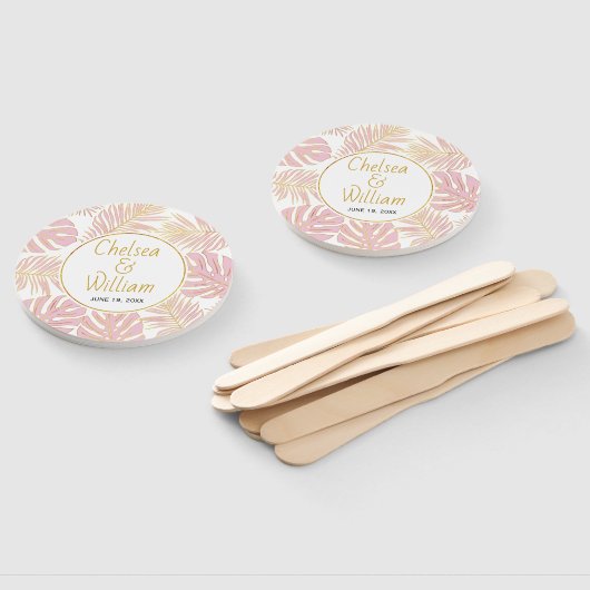 Tropische bladeren roze, gouden bruiloft met hand handwaaier (Niet-gemonteerd)