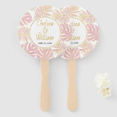 Tropische bladeren roze, gouden bruiloft met hand handwaaier (Voorkant en achterkant)