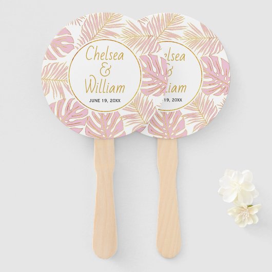Tropische bladeren roze, gouden bruiloft met hand handwaaier (Voorkant en achterkant)