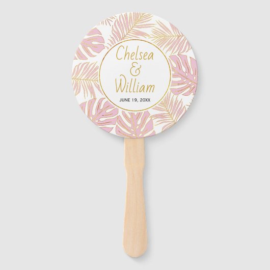 Tropische bladeren roze, gouden bruiloft met hand handwaaier (Voorkant)