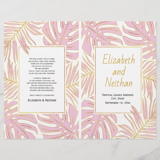 Tropische bladeren roze gouden tweeledig trouwprog (Voorkant)