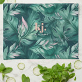 Tropische bladeren roze & groene monogram theedoek (Gevouwen)