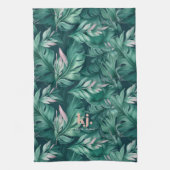 Tropische bladeren roze & groene monogram theedoek (Verticaal)