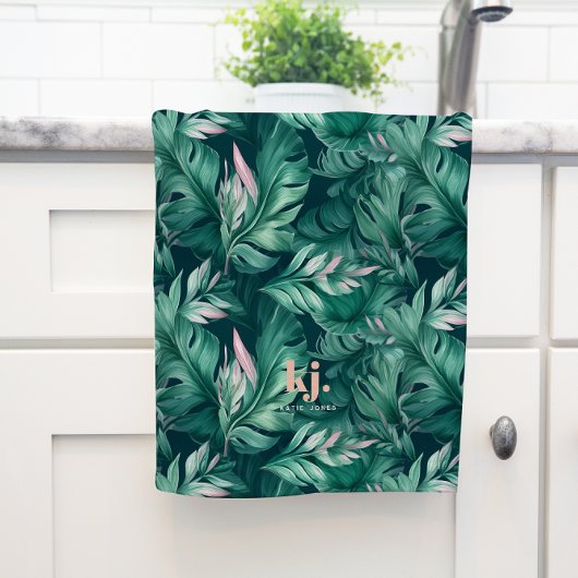 Tropische bladeren roze & groene monogram theedoek