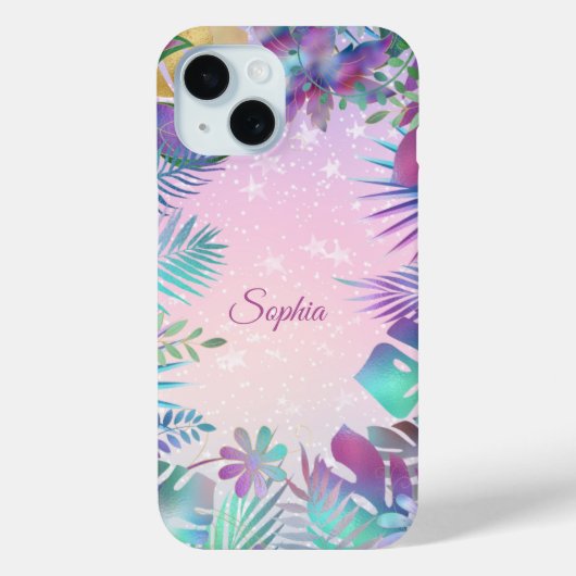 Tropische bladeren, roze hemelwitte sterren, scrip Case-Mate iPhone case (Achterkant)