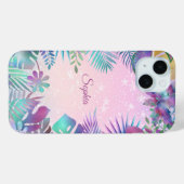 Tropische bladeren, roze hemelwitte sterren, scrip Case-Mate iPhone case (Achterkant (horizontaal))