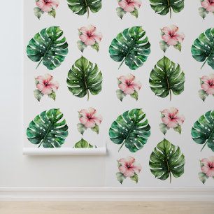 Tropische bladeren Roze Hibiscus Bloemen Behang