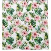 Tropische bladeren Roze Hibiscus Bloemen Douchegordijn (Voorkant)