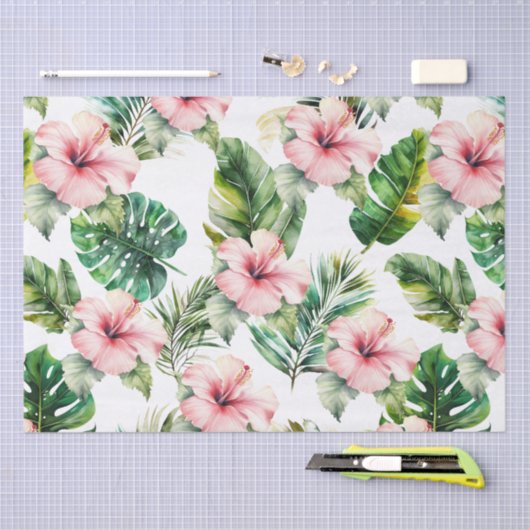 Tropische bladeren Roze Hibiscus Bloemen Tissuepapier (Craft)