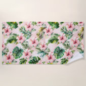 Tropische bladeren roze Hibiscus bloemig Strandlaken (Voorkant)