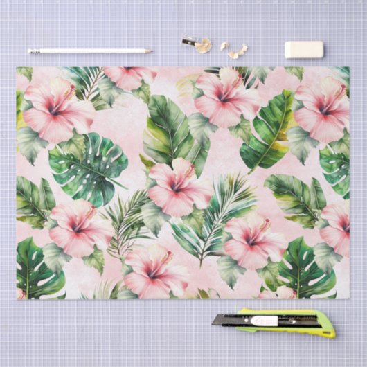 Tropische bladeren roze Hibiscus bloemig Tissuepapier (Craft)