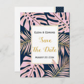 Tropische bladeren roze, marineschandbruiloft Spar Aankondigingskaart (Voorkant / Achterkant)