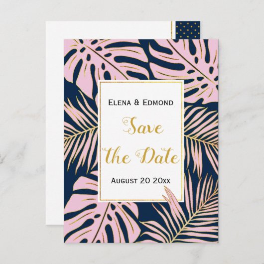 Tropische bladeren roze, marineschandbruiloft Spar Aankondigingskaart (Voorkant / Achterkant)