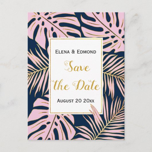 Tropische bladeren roze, marineschandbruiloft Spar Aankondigingskaart (Voorkant)