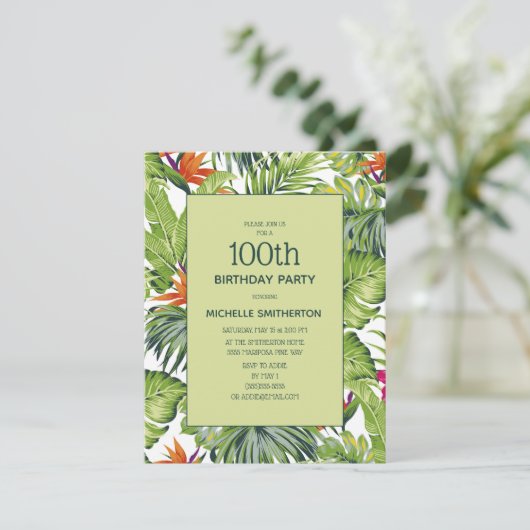 Tropische bladeren Roze Oranje Floral 100th Birthd Kaart (Staand voorkant)