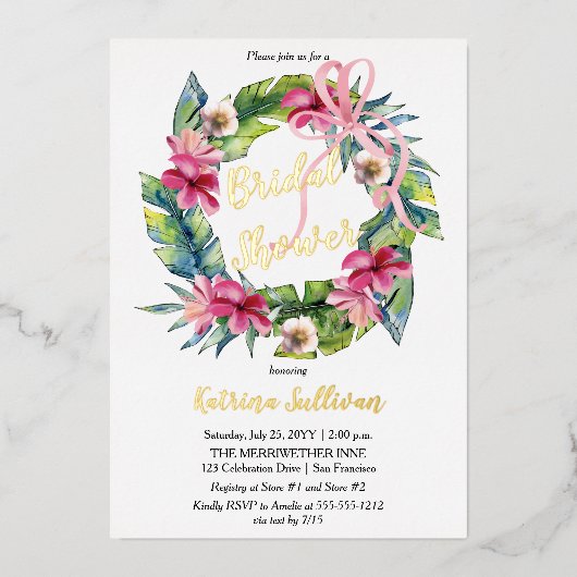 Tropische bladeren | Roze Vrijgezellenfeest van Fl Folie Uitnodiging (Voorkant)