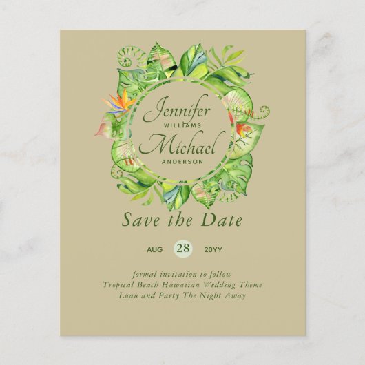 Tropische Bladeren Strand Bruiloft Save the Date v (Voorkant)