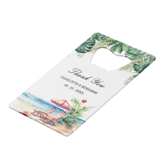 Tropische bladeren strand scène bruiloft gunst creditkaart flessenopener (Voorkant Gekanteld)