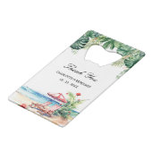 Tropische bladeren strand scène bruiloft gunst creditkaart flessenopener (Achterkant Gekanteld)