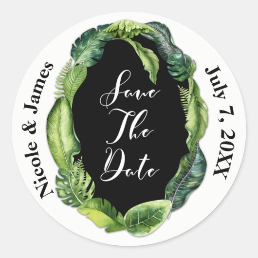Tropische bladeren Summer Chic Wedding Save the Da Ronde Sticker (Voorkant)