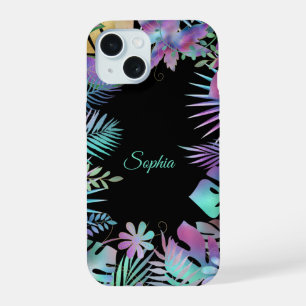Tropische bladeren, Teal Schriftnaam op Zwart iPhone 15 Case