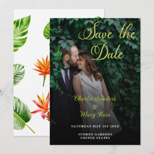 Tropische bladeren typografische foto save the date