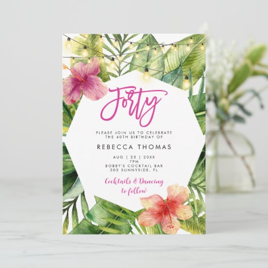 Tropische bladeren veertig verjaardagsfeestuitnodi kaart (Staand voorkant)
