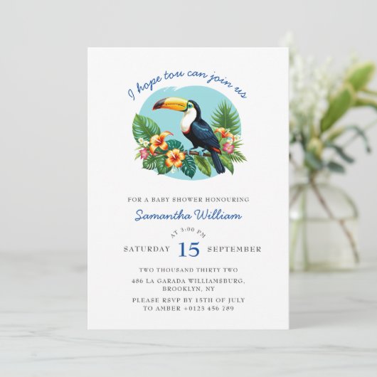 Tropische bladeren Vibrant Toucan Baby shower Kaart (Staand voorkant)