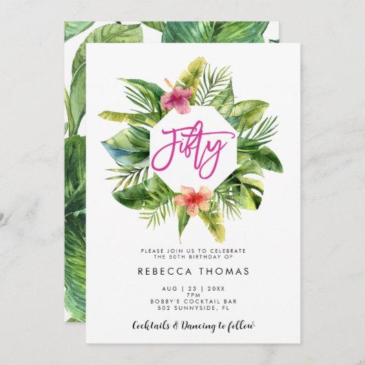 Tropische bladeren vijftig verjaardagsfeestuitnodi kaart (Voorkant / Achterkant)