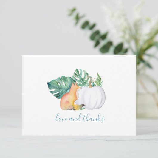 Tropische bladeren, vos- en pompoenkaart bedankkaart (Staand voorkant)